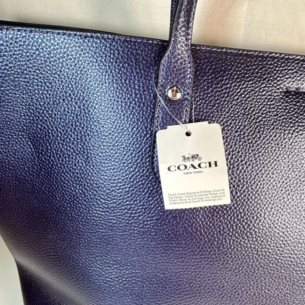 Coach NWT #679983 Navy Blue Iridescent Pebble Leather Large Town Tote